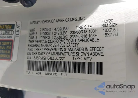 2020 Honda Cr-V Awd Ex-L z USA, uszkodzony, nr VIN 5J6RW2H84LL007221